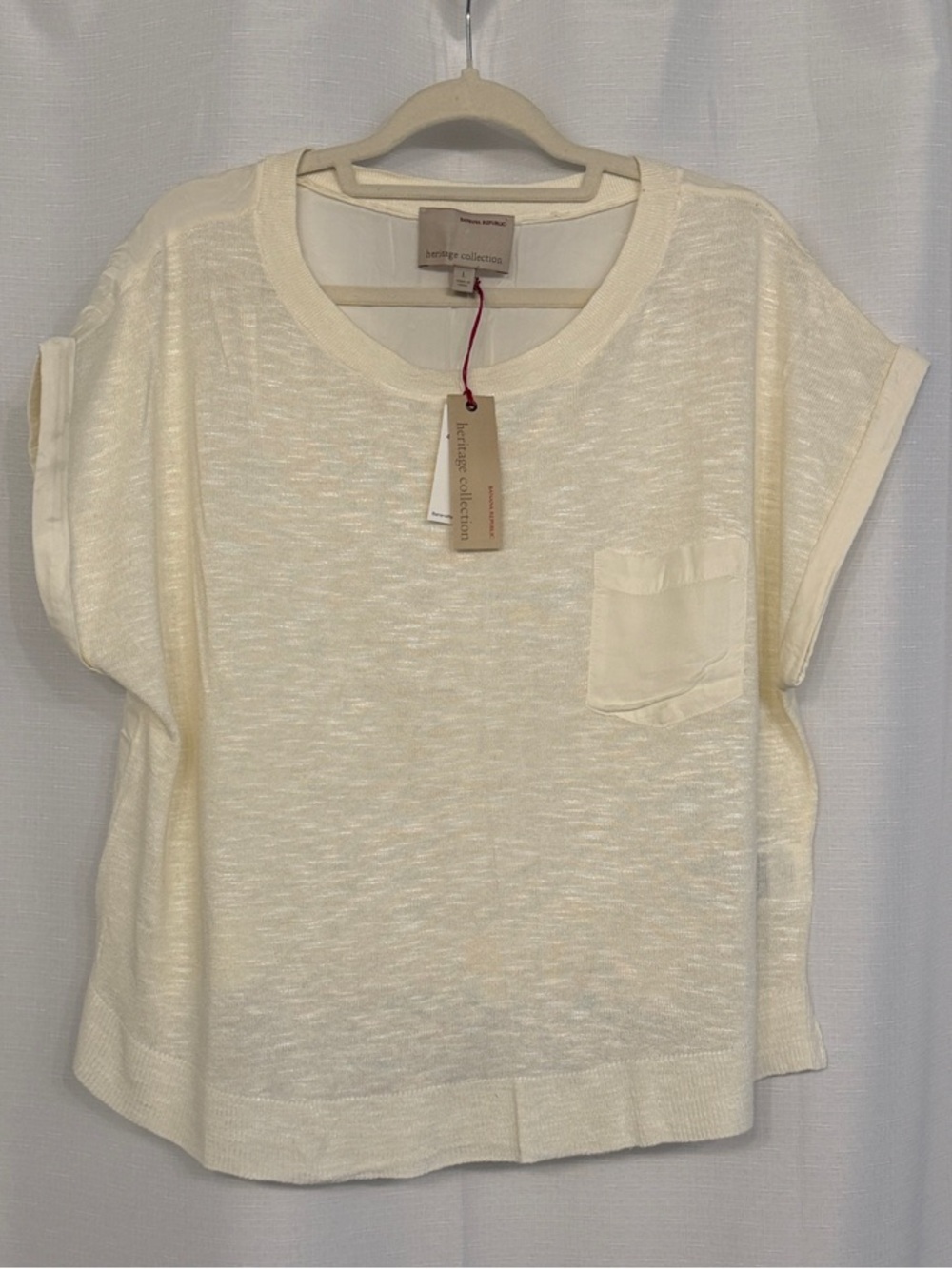Banana Republic Factory Cream Linen Blend Pocket Tee Rolled Sleeve Top NWT